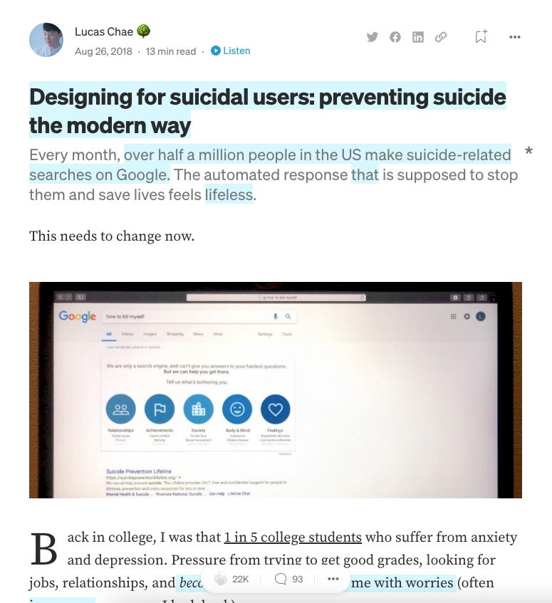Screenshot of an article "Designing for Suicidal Users: Preventing Suicide the Modern Way"
