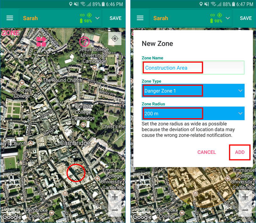 GeoFamily Controller App User Touches A Map Location To Add - Screen | GPS Tracking App