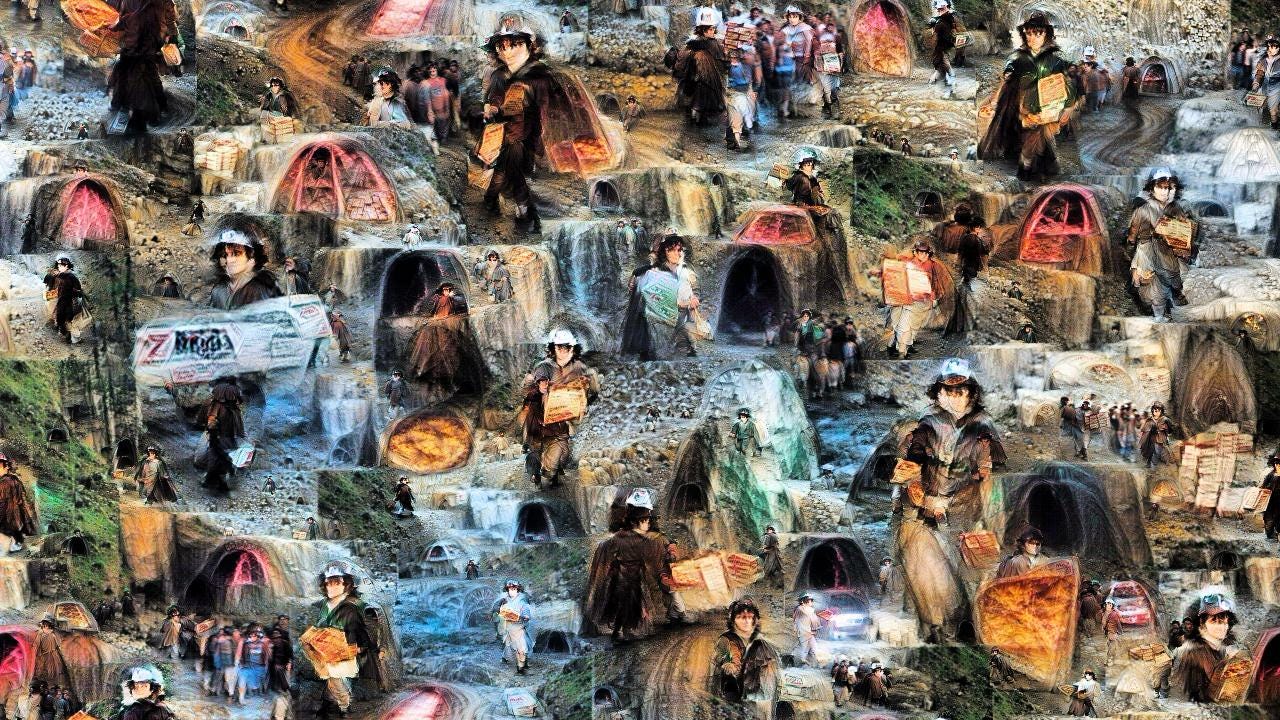 It's a confusing jumble of Frodo Bagginses, all cloaked, some in pizza delivery caps, many bearing pizzas or boxes, striding out from the ominous openings of many mines