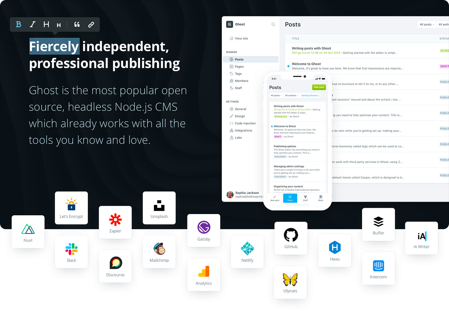Fiercely independent, professional publishing. Ghost is the most popular open source, headless Node.js CMS which already works with all the tools you know and love.