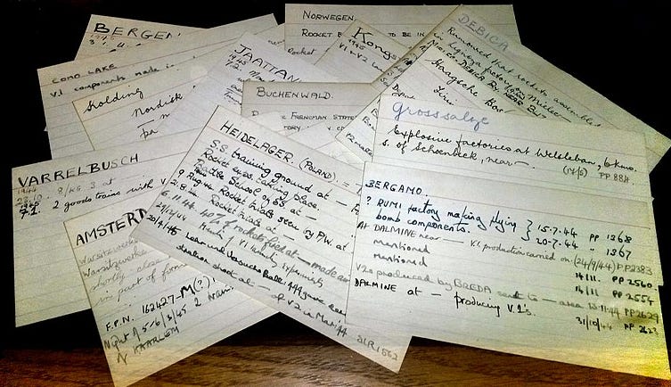 A pile of index cards with things I didn't read written on them.