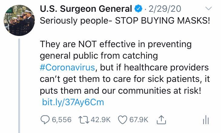 U.S. Surgeon General on Twitter: "1/3 Regarding masks: @WHO @CDCgov & my  office have consistently recommended against the general public wearing  masks as there is scant or conflicting evidence they benefit individual