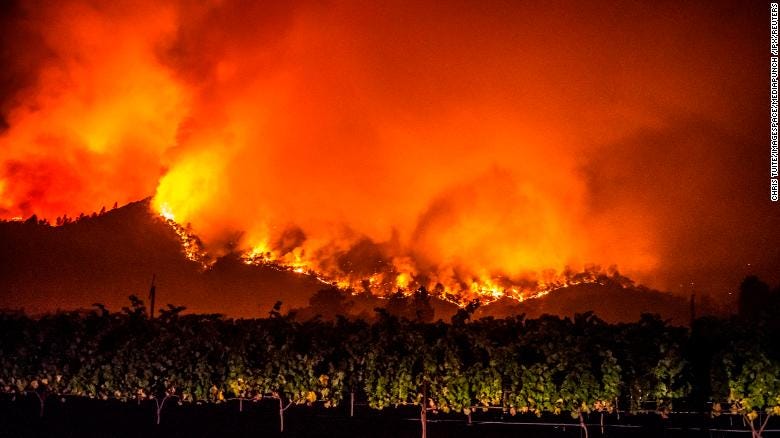 Wildfire flames from the Glass Fire Incident are seen near Calistoga, California.