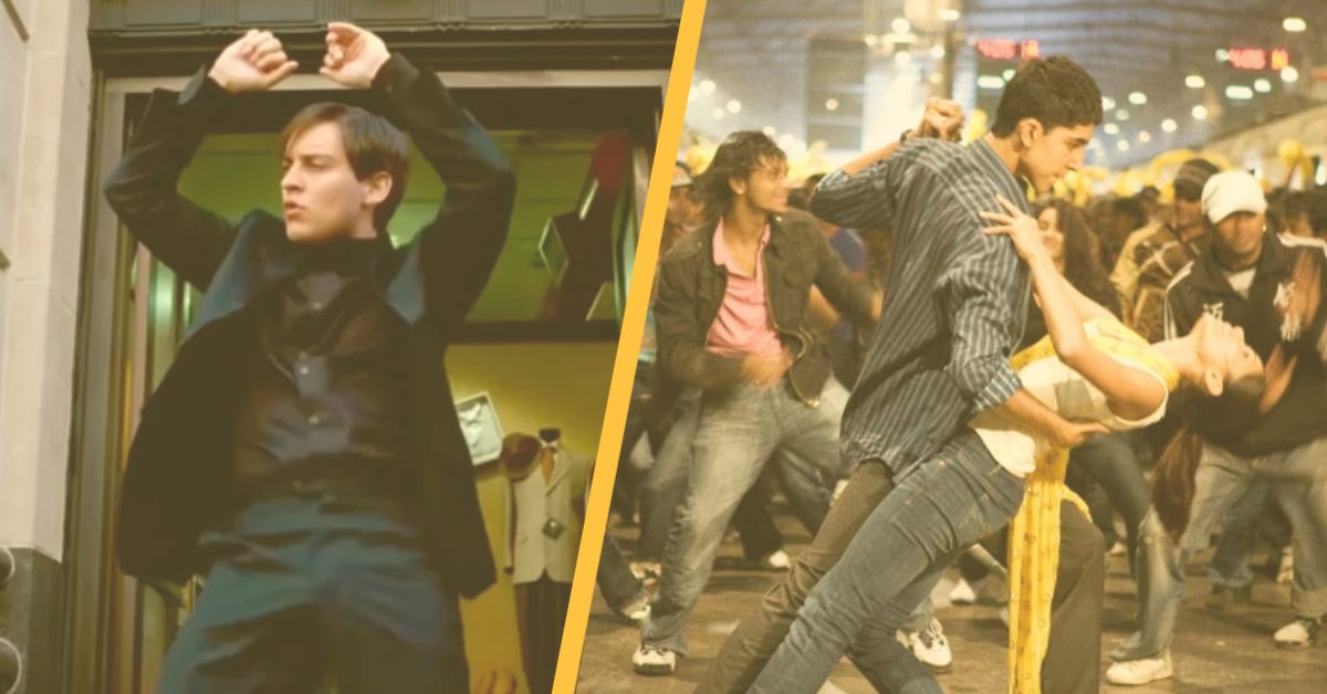 Screenshots of dance scenes from Spider-Man 3 and Slumdog Millionaire