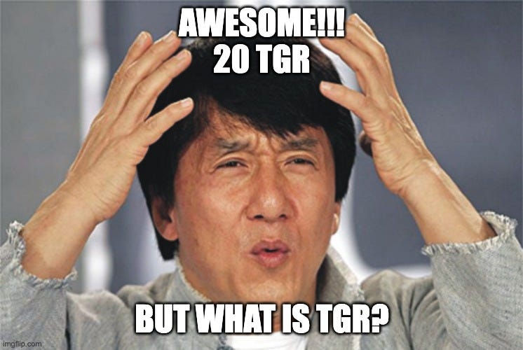 Jackie Chan Confused |  AWESOME!!!
20 TGR; BUT WHAT IS TGR? | image tagged in jackie chan confused | made w/ Imgflip meme maker