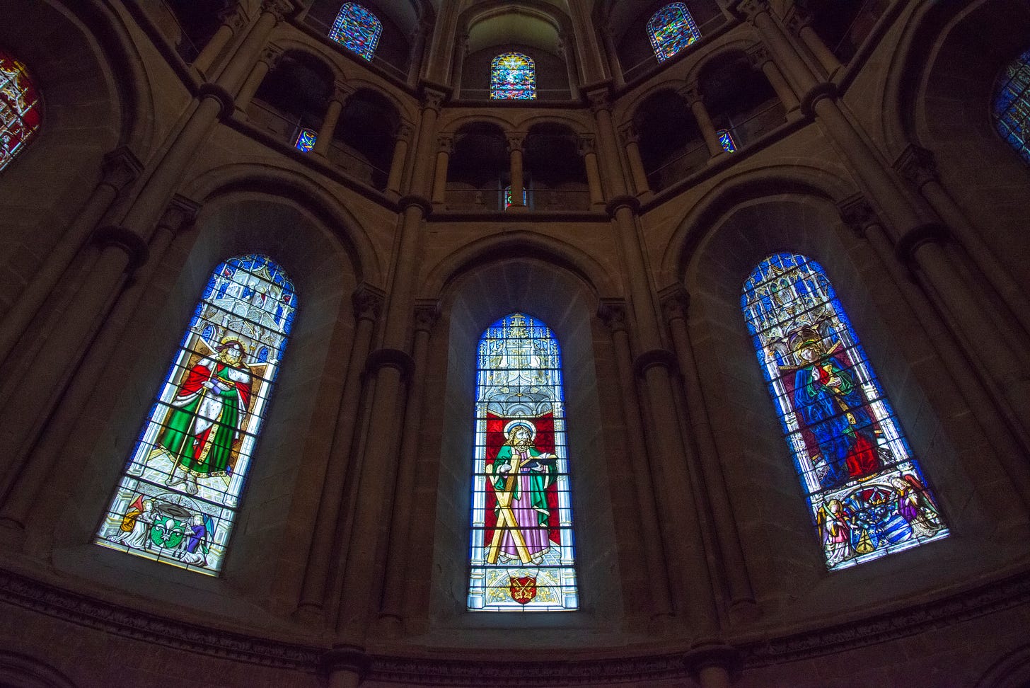 Stained glass windows in the corner of a cathedral
