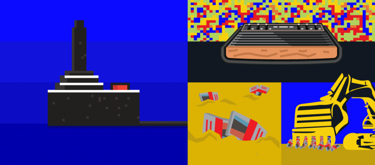 illustratie van onderwerpen uit de aflevering: je ziet de joystick van de Atari, een graafmachine en Atari spelcomputers en spelletjes in het zand.