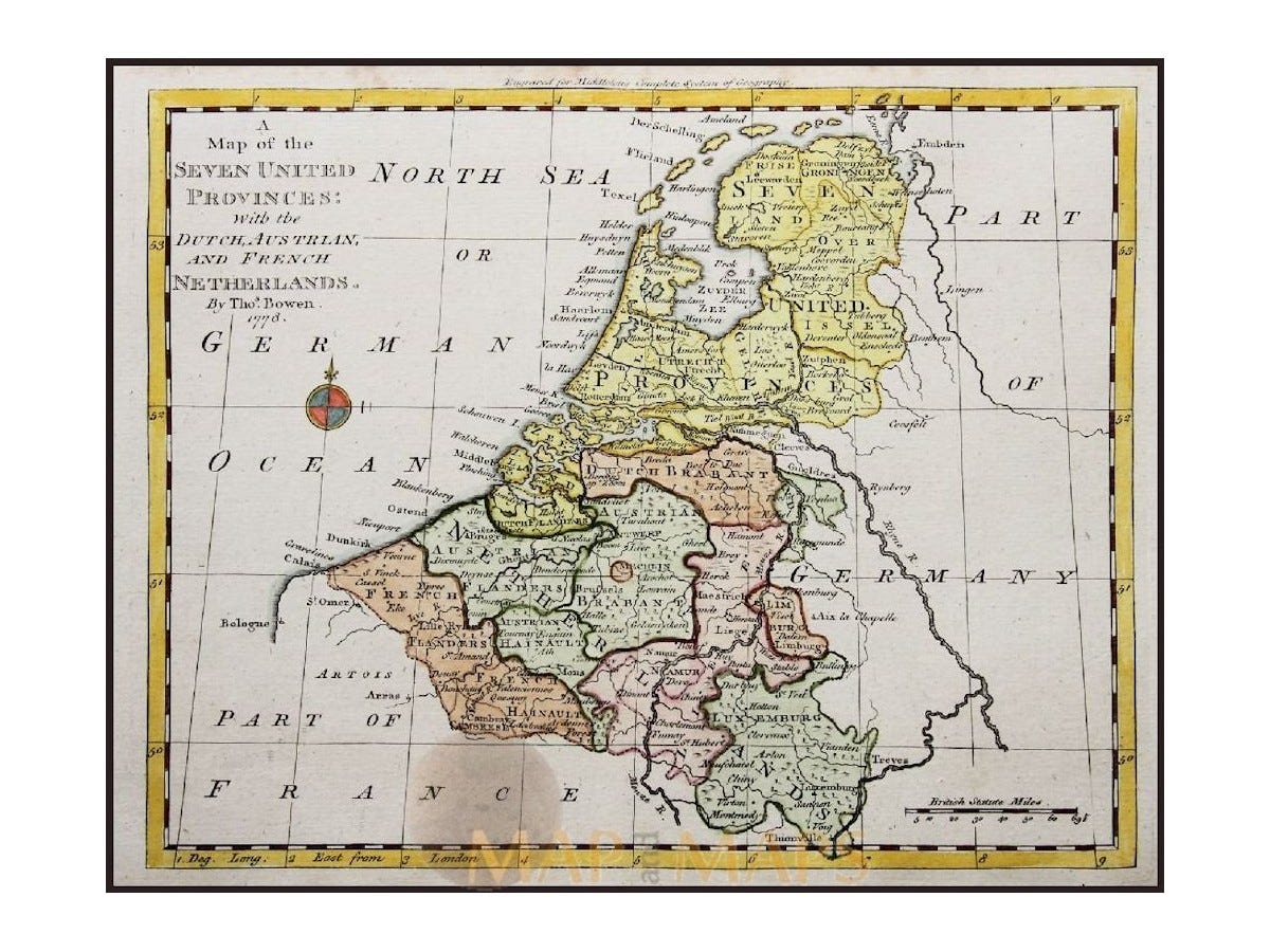 Map of the Seven United Provinces. Old map Netherlands. Bowen
