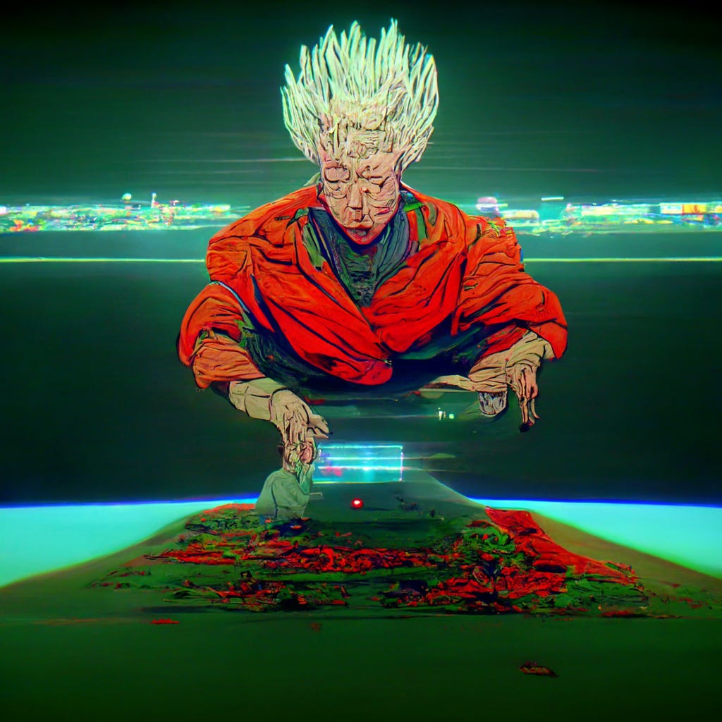 artificial intelligence discovering consciousness, 4K resolution, in the style of akira, dragon ball z, art station