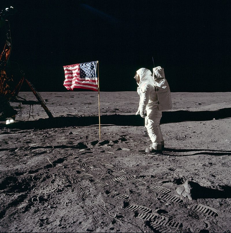 The deploying of the United States flag during the first crewed Moon landing (Apollo 11) on the lunar surface does not constitute a territorial claim, unlike historically practiced on Earth, since the US reinforced the Outer Space Treaty by adhereing to it and making no such territorial claim. The deploying of the United States flag during the first crewed Moon landing (Apollo 11) on the lunar surface does not constitute a territorial claim, unlike historically practiced on Earth, since the US reinforced the Outer Space Treaty by adhereing to it and making no such territorial claim.
