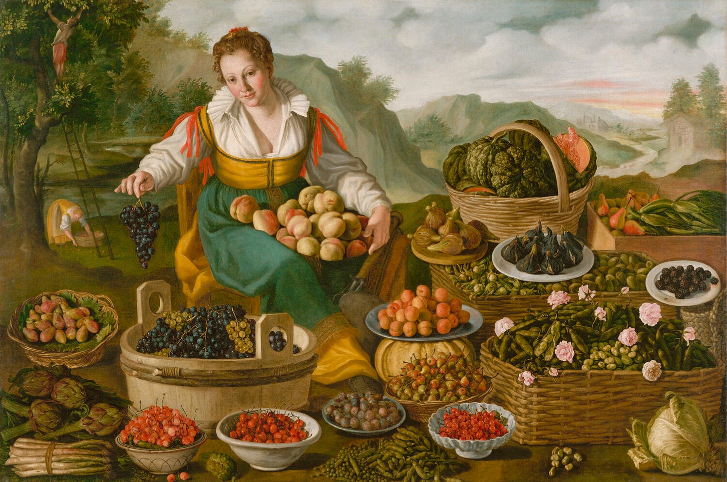 Historically dressed Italian woman with many peaches on the lap of her green skirt. She us surrounded by bowls of perfect looking fruits of many types including figs, apricots, cherries, grapes. She also has beans in pods, artichokes and bunches of white asparagus, peas, a cabbage and courgettes with flowers attached. She is in a rural landscape with 2 workers behind her.