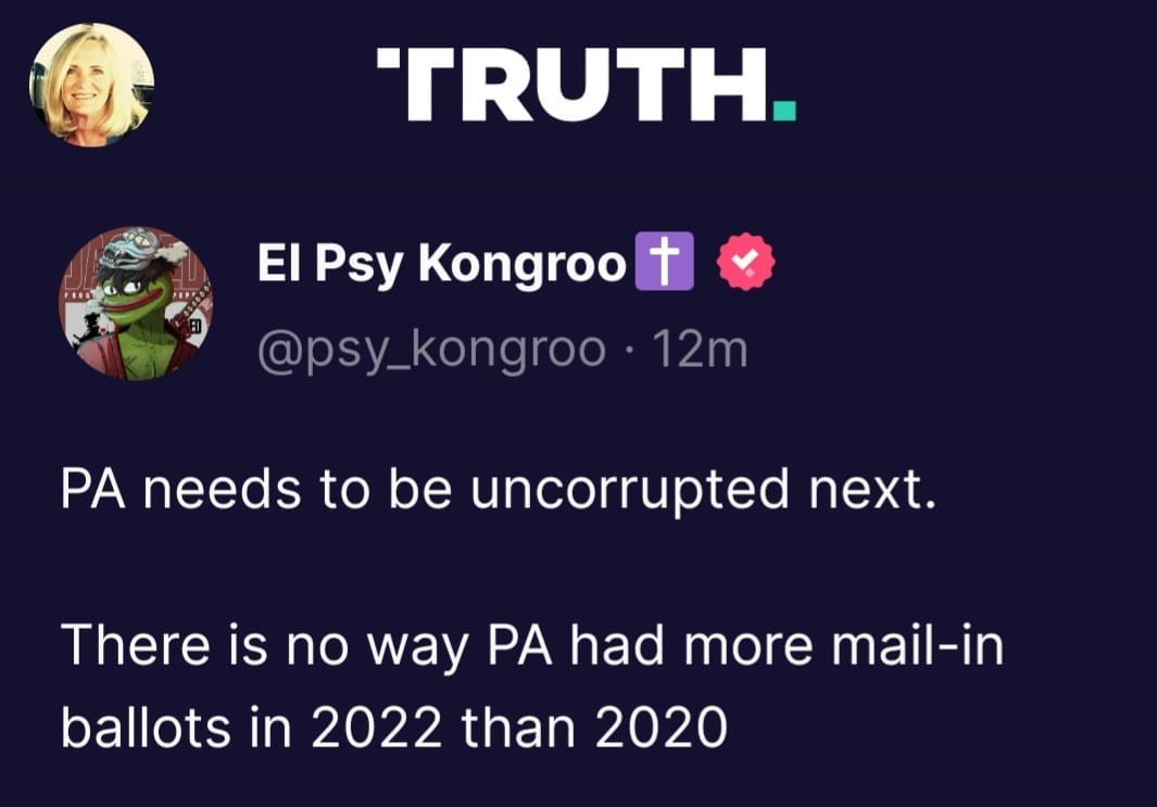 May be a Twitter screenshot of 1 person and text that says 'TRUTH. El Psy Kongroo + @psy_kongroo 12m PA needs to be uncorrupted next. There is no way PA had more mail-in ballots in 2022 than 2020'