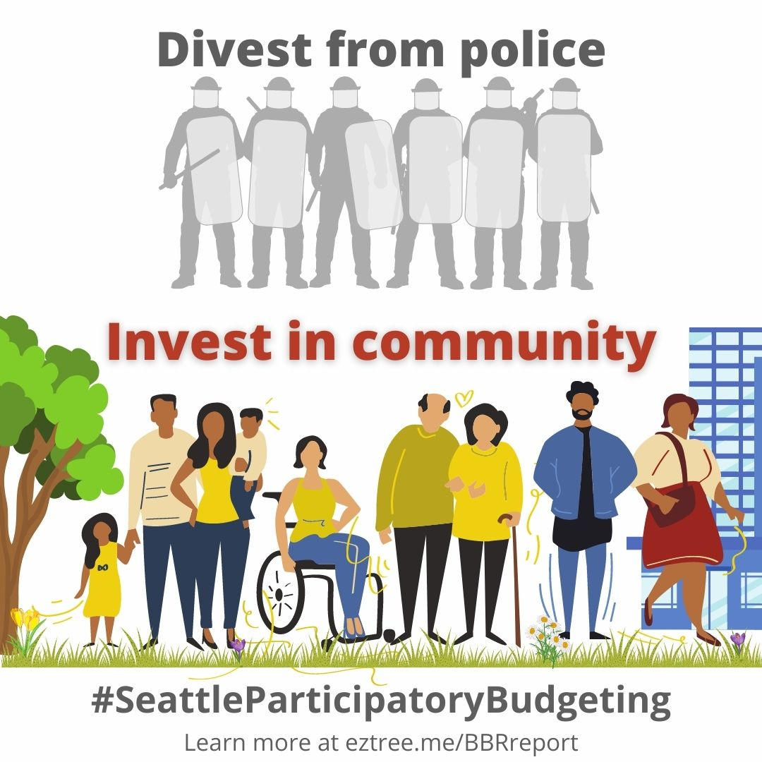 At the top of the post there is a light gray picture of a line of police in body armor with batons and shields against a white background. Above the police are the words "Divest from police" in gray font. Below the picture of the police are the words "Invest in community" in bold red font and there is a picture of a group of people of various age, race/ethnicity, and ability in colorful clothing. There is a tree and building in the background and they are standing on grass with flowers interspersed. At the bottom of the post are the words "#SeattleParticipatoryBudgeting" in gray and directly below that it states "Learn more at eztree.me/BBRreport"