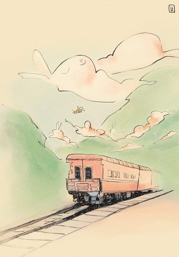 a drawing of a train in sunset by jess with big clouds shaped like rabbits lying down