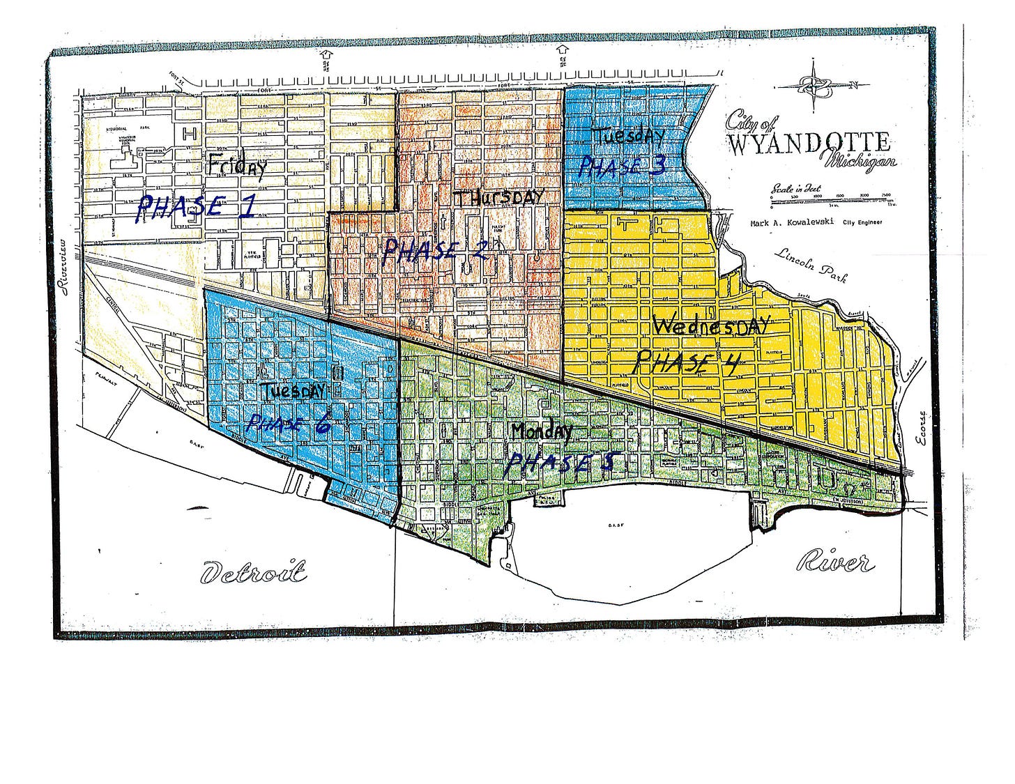 Visual of Wyandotte's Street Sweeping Phases, described below. Sweeping begins on the Southern end of the City and proceeds clockwise (north and east), ending with segments along the river.