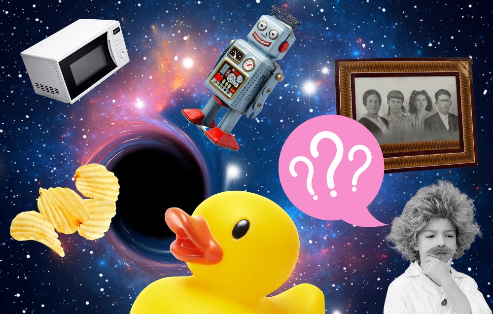 A microwave, chips, robot, rubberduck and puzzled young Einstein floating in space near a blackhole