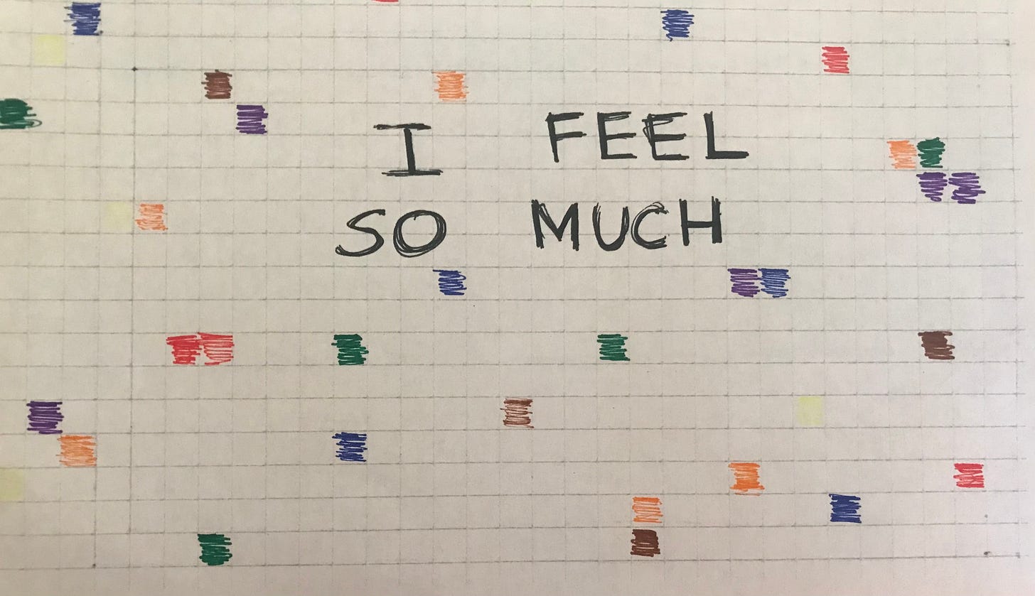 Squared paper with coloured squared interspersed around it. A caption in the middle saying: "I FEEL SO MUCH".