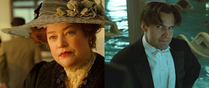 Left: Kathy Bates as Molly Brown. Right: Billy Zane as Cal Hockley.