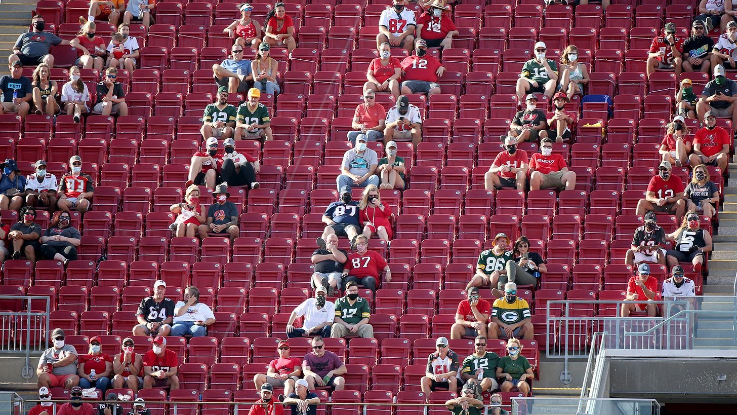Fans are socially distanced in the 300 level during the first quarter of the game between the Green Bay Packers at Buccaneers and the Tampa Bay Buccaneers on Sunday, Oct. 18, 2020, at Raymond James Stadium in Tampa.