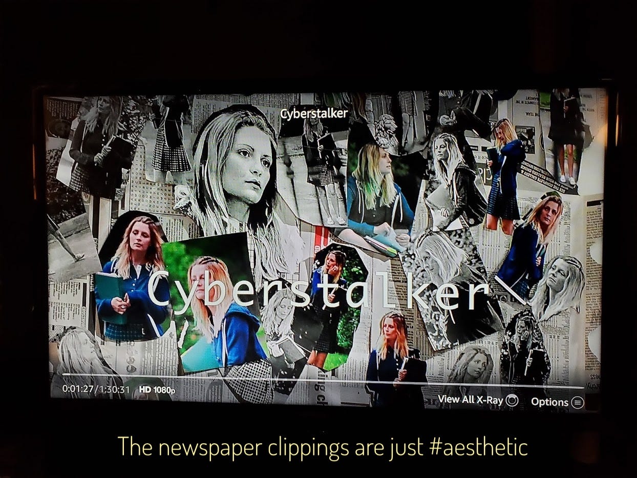 The title screen, with a bunch of photos of Mischa Barton pasted to newspaper pages on a wall, captioned "the newspaper clippings are just #aesthetic"