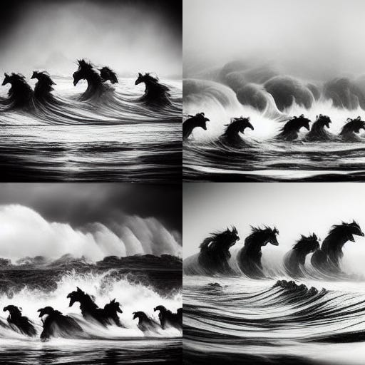 5 black horses riding a giant wave in the ocean, in black and white photography style