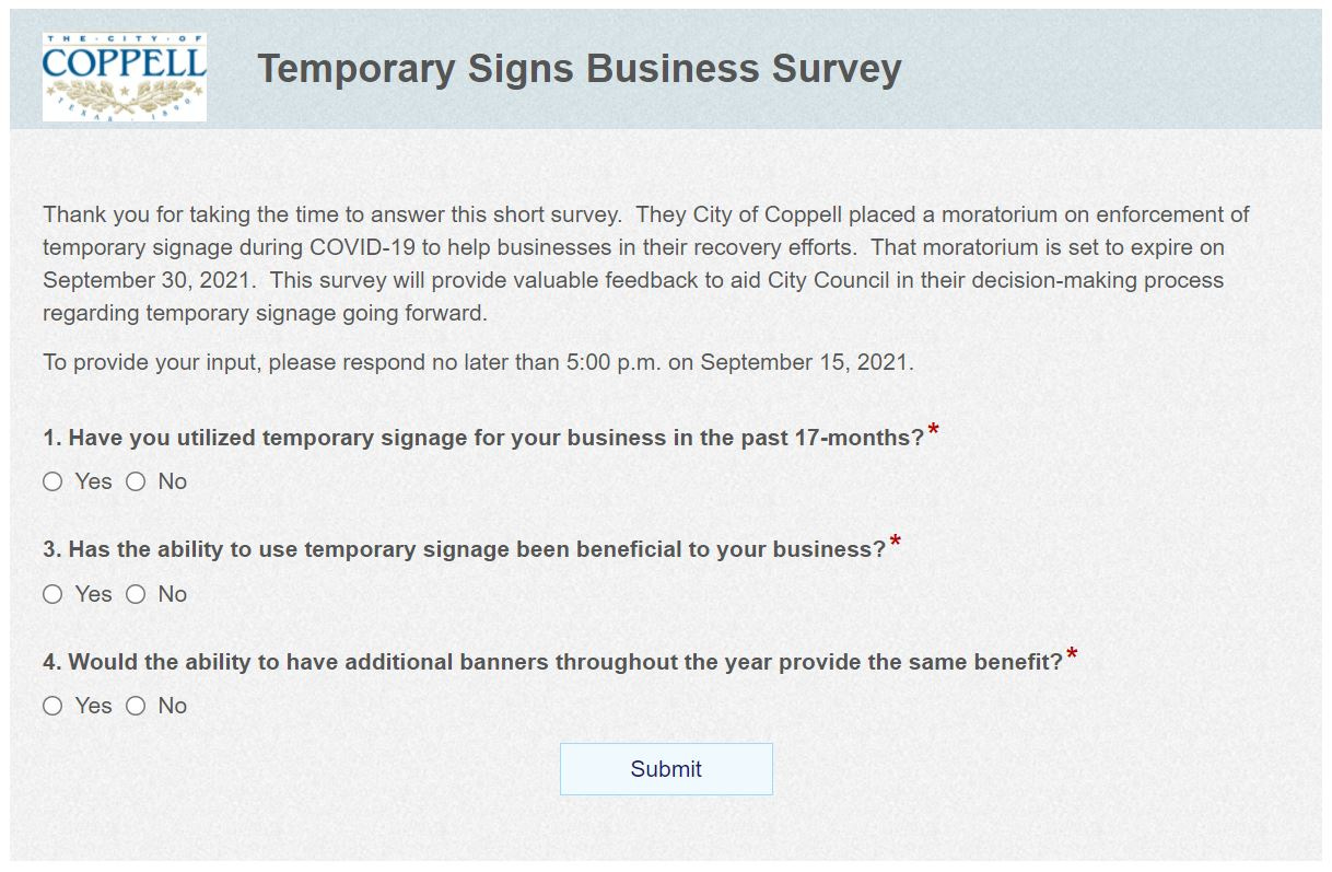 A Temporary Signs Business Survey sent to Coppell Chamber of Commerce members