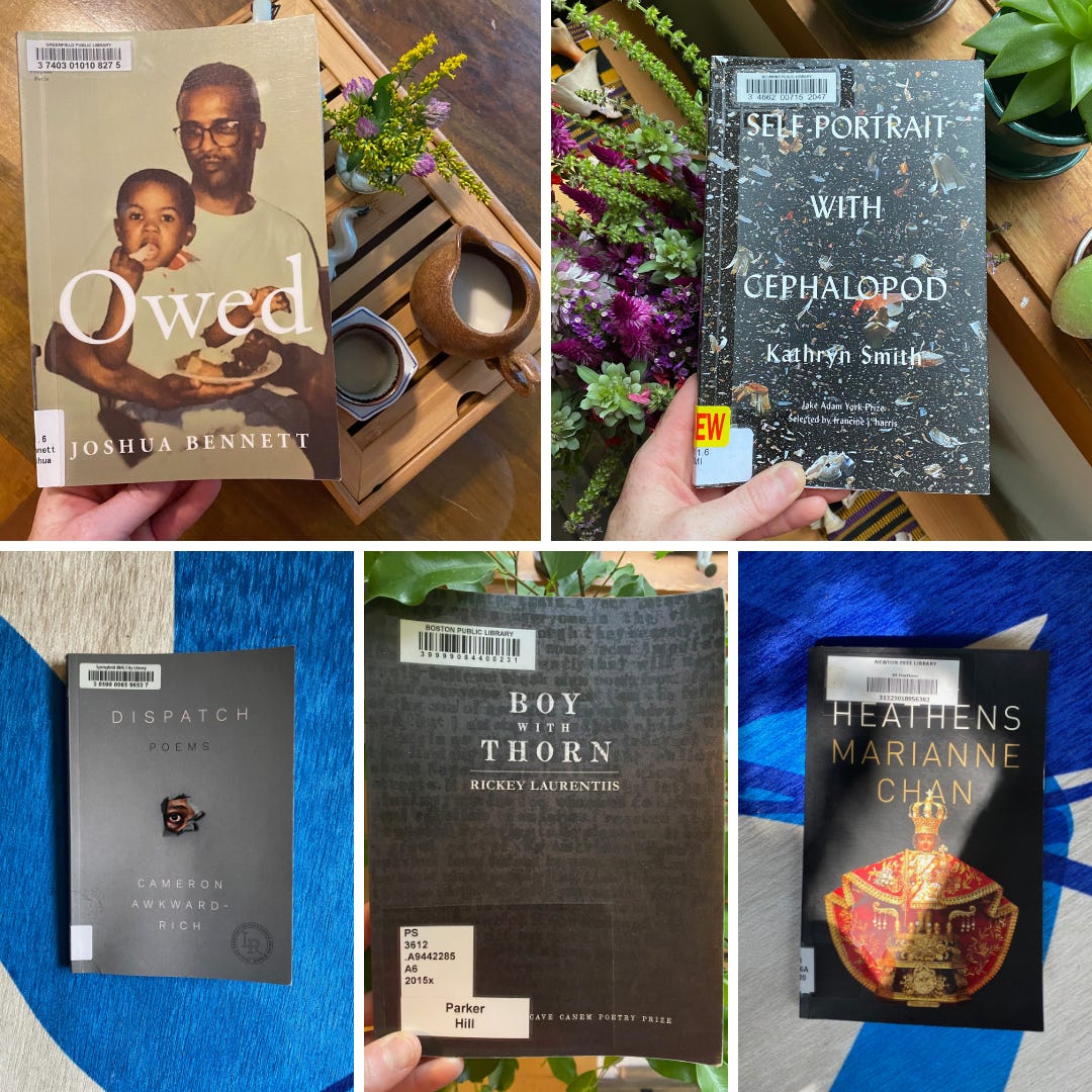 A collage of photos of my hand holding up poetry books in front of various backgrounds. The books are: Owed, Self-Portrait with Cephalopod, Dispatch, Boy with Thorn, and All Heathens.