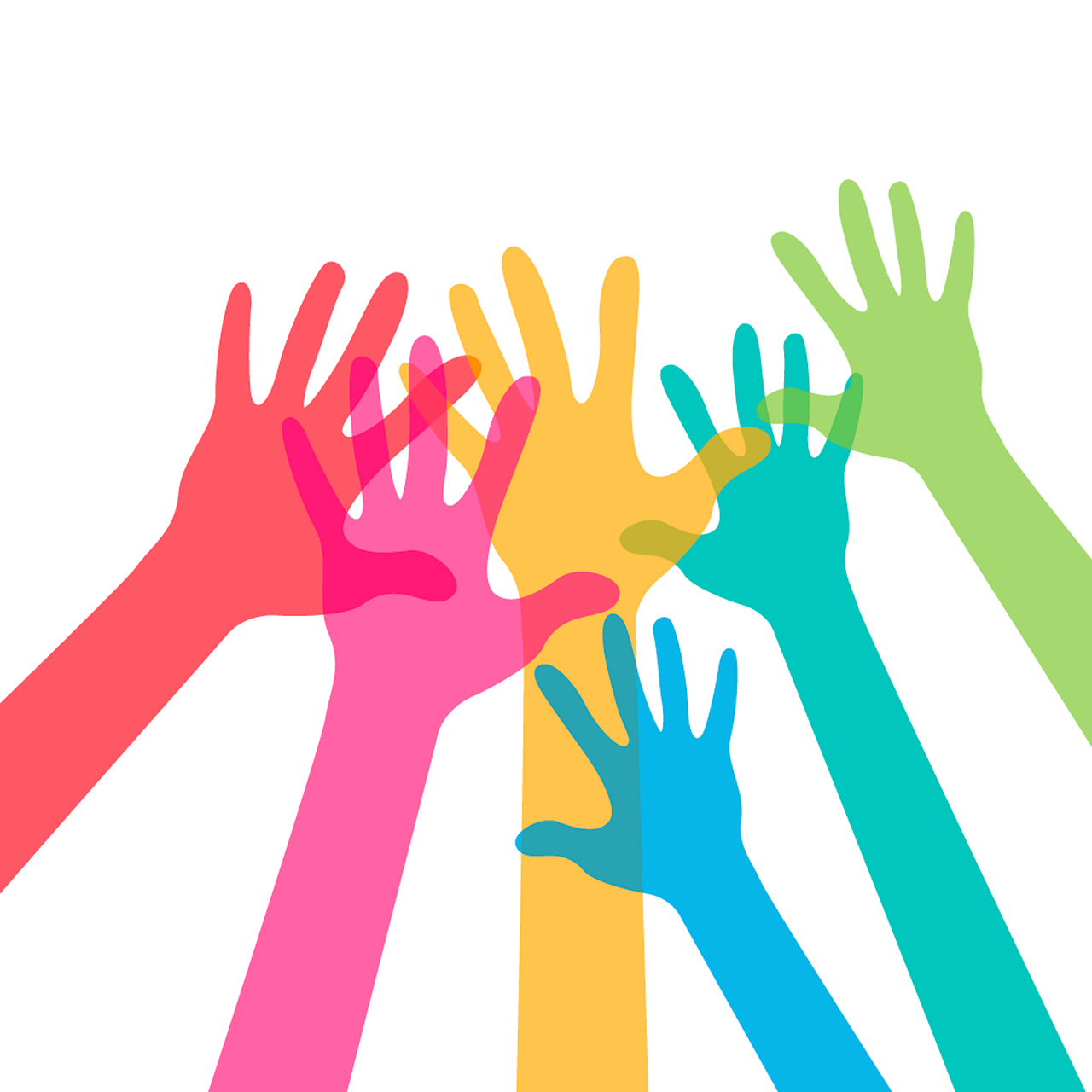 brightly colored hands and arms reaching together