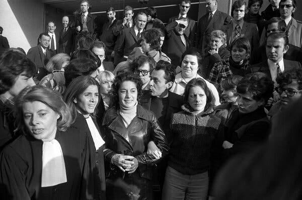 Marie-Claire Chevalier, fourth from left, exited a French courthouse in November 1972 after she was acquitted of having an illegal abortion. With her are, from left, her lawyers Monique Antoine and Gis&egrave;le Halimi and her mother Mich&egrave;le Chevalier.