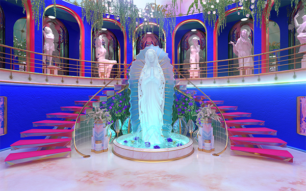 3D rendered hallway in bright blue and pink colours with a mother mary statue in the centre with steps leading up to a number of other statues and plants hanging from the ceiling