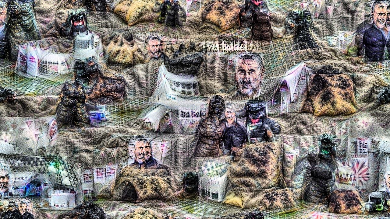 Paul Hollywood from the Great British Bakeoff is unmistakeable, and repeated several times. Godzilla is less distinct, but vaguely godzilla-shaped and godzilla-textured