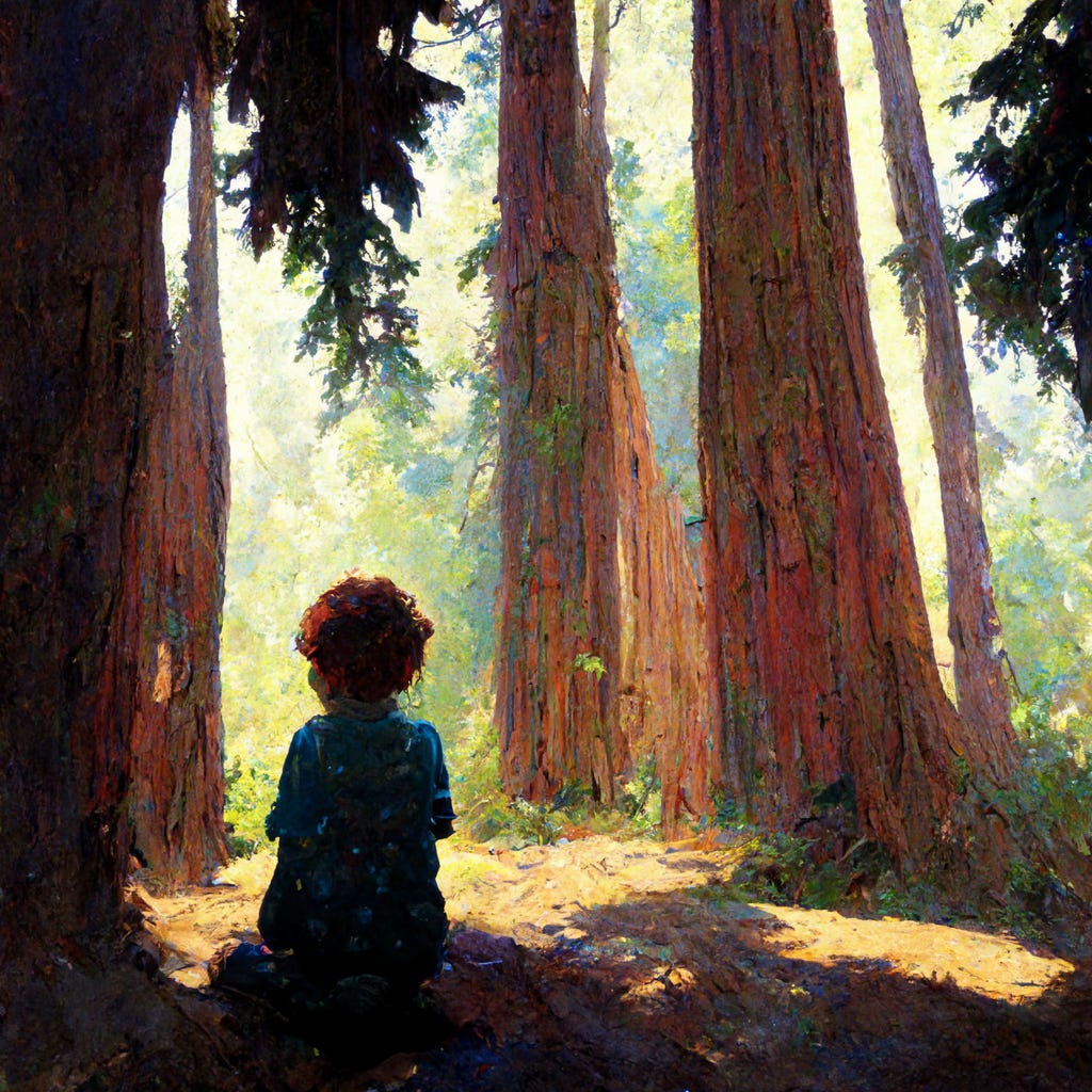 a child looks up at a redwood tree
