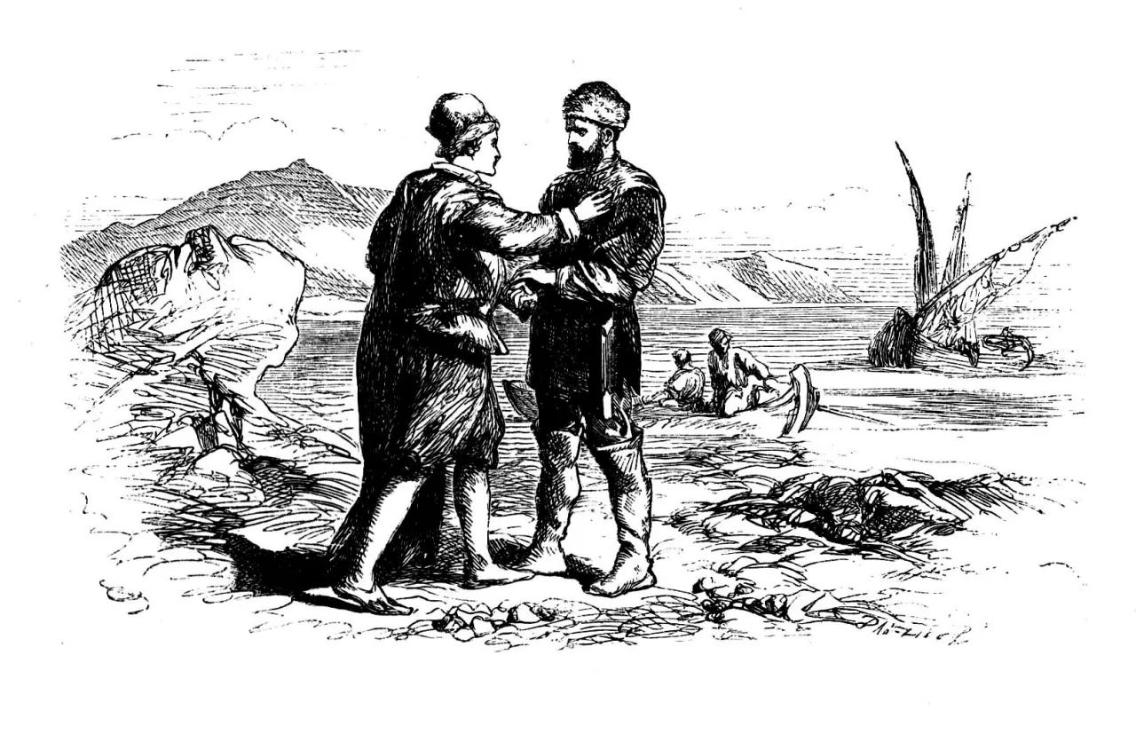 A black and white etching of two men on a shore, one smooth-faced and one bearded. The smooth-faced one touches the bearded one's shoulder beseechingly as they clasp hands.
