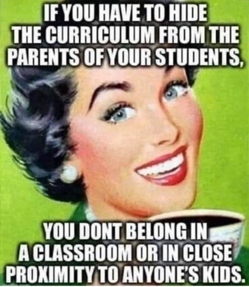 May be an image of 1 person and text that says 'IF YOU HAVE TO HIDE THE CURRICULUM FROM THE PARENTS OF YOUR STUDENTS, YOU DONT BELONG IN A CLASSROOM OR IN CLOSE PROXIMITY TO ANYONE'S KIDS.'