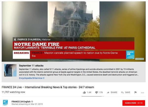 "I'm so glad we let tech platforms eat the journalism industry. Now, I can sit and watch a live stream of Notre Dame burning while YouTube's fake news widget tells me about 9/11 for some reason.…
