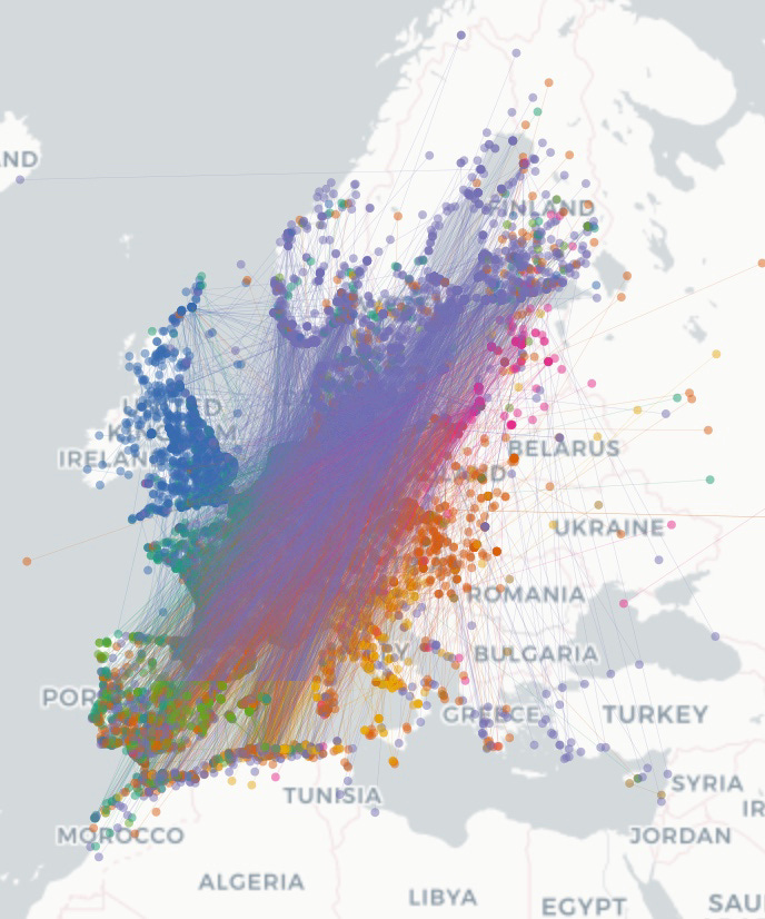 A map of western Europe, a lot of the detail obscured by coloured lines (thousands of them), each one representing a journey made by a single bird.