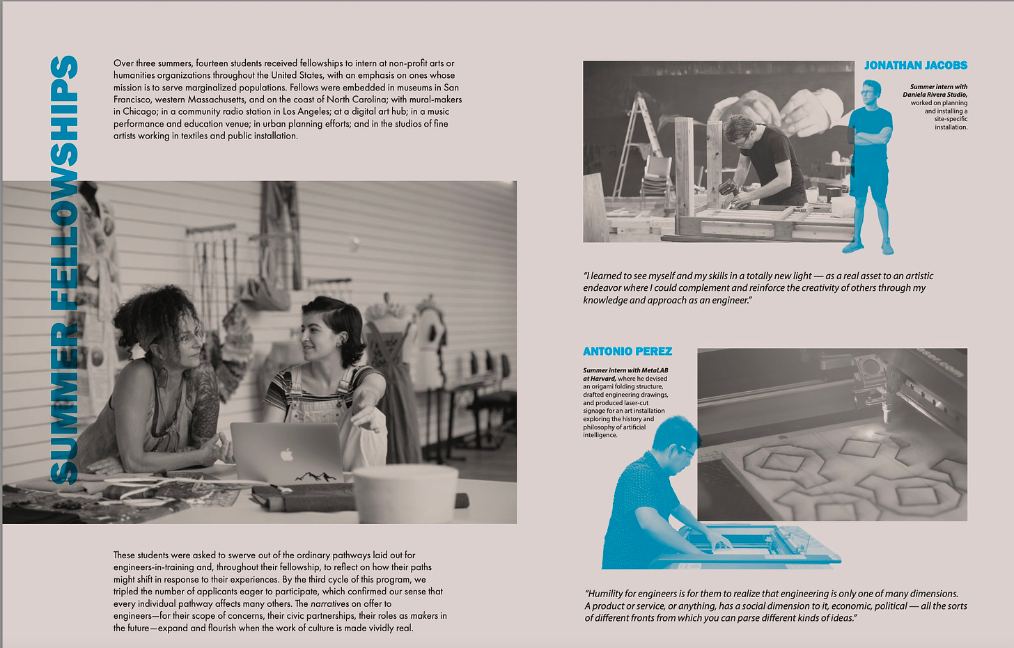 A spread from the Sketch Model brochure details the summer fellowships we ran for students in three consecutive summers, placing them in arts nonprofits all over the US. 