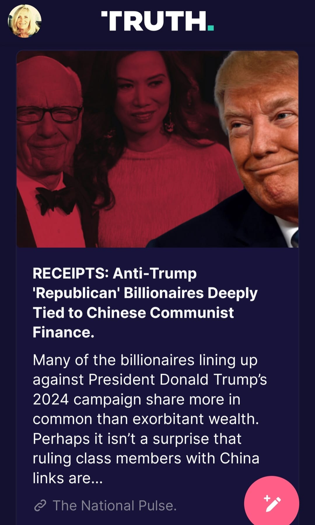May be an image of 3 people and text that says 'TRUTH. RECEIPTS Anti-Trump 'Republican' Billionaires Deeply Tied to Chinese Communist Finance. Many of the billionaires lining up against President Donald Trump's 2024 campaign share more in common than exorbitant wealth. Perhaps it isn't a surprise that ruling class members with China links are... are The National Pulse.'