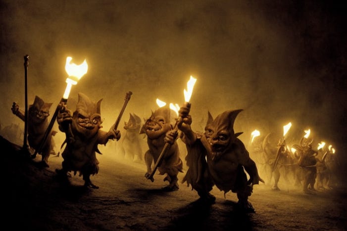 hobgoblins on the march with torches facing camera
