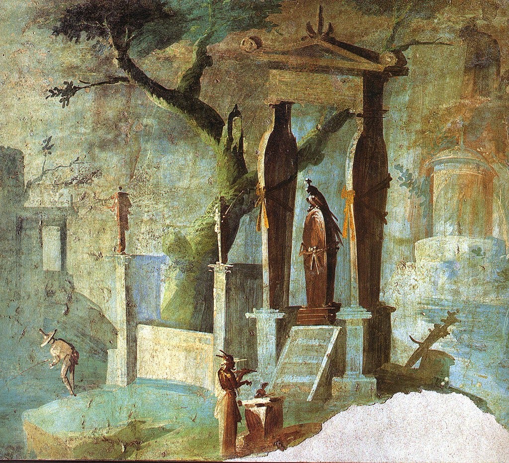 Fresco of a figure standing at an altar before a shrine