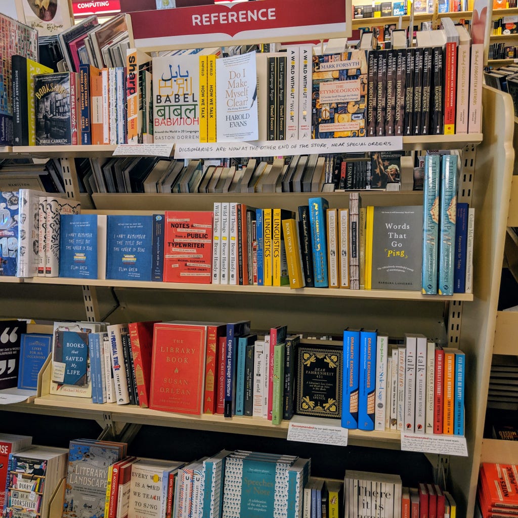 Reference section featuring linguistics books at ReadeBook in Adelaide, South Australia