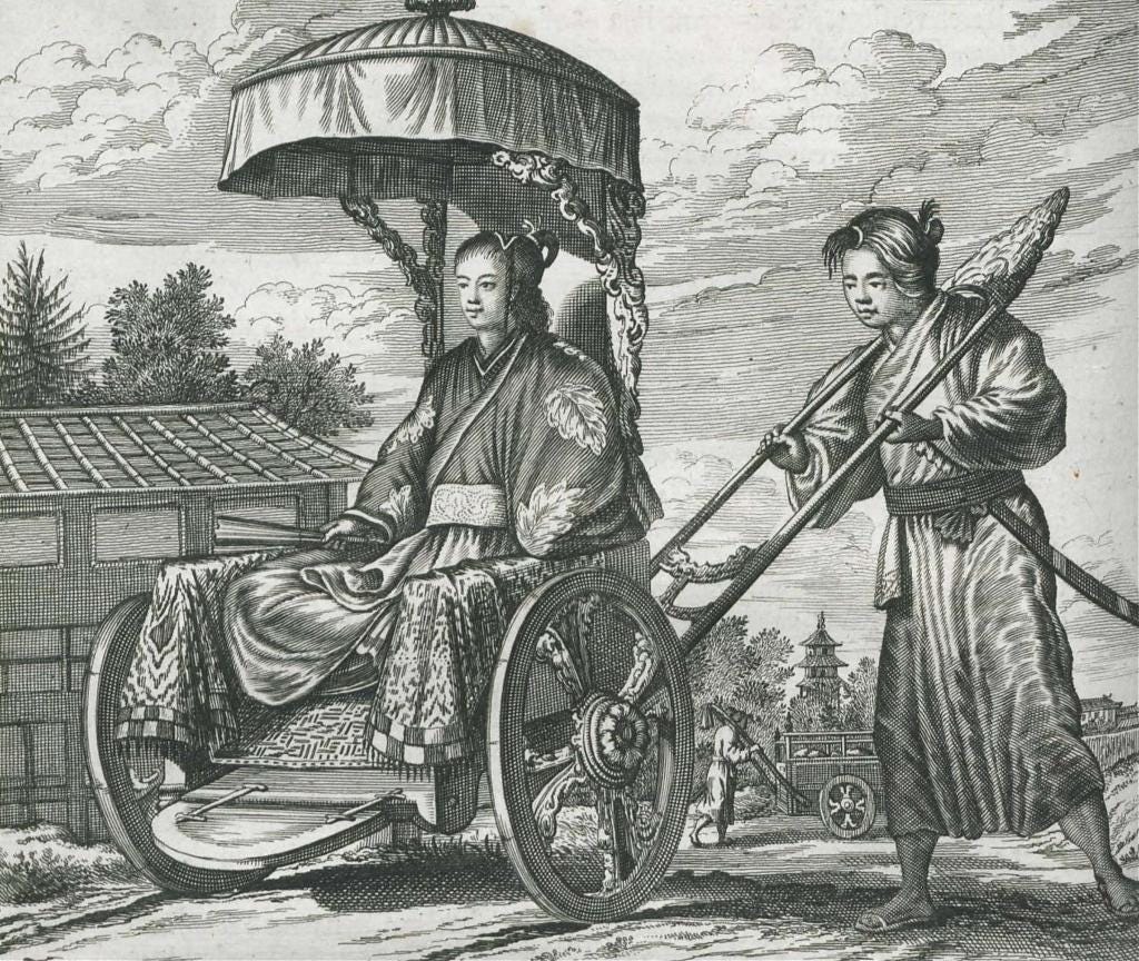 Prototype rickshaw in a book about Japan published in 1669 by Dutch author Arnoldus Montanus