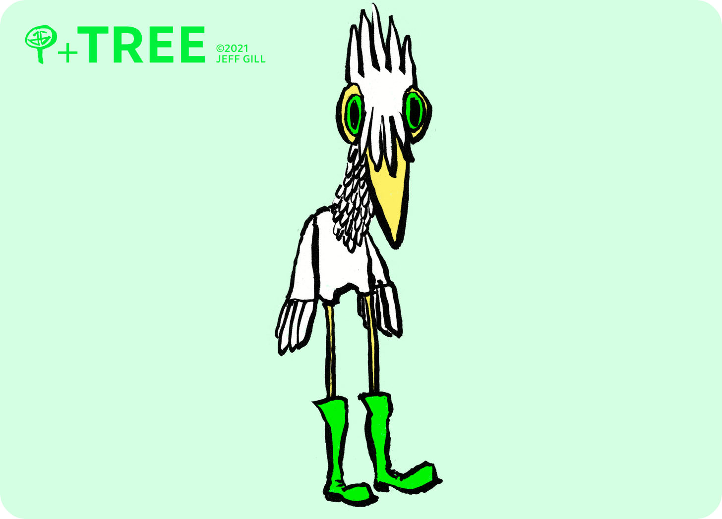 An illustration of a tall white bird with green eyes wearing tall green boots