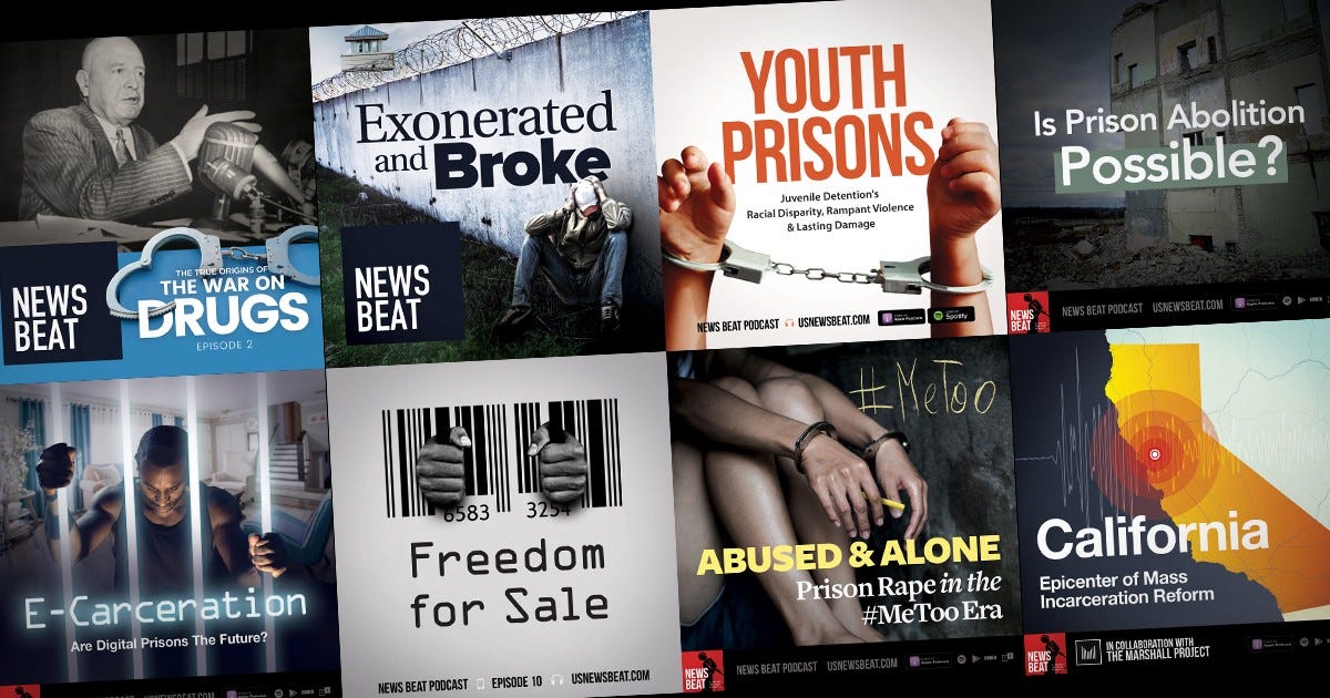 A collage of cover art for various News Beat podcast episodes examining criminal justice reform, ranging from the war on drugs and money bail to youth prisons and e-carceration. 