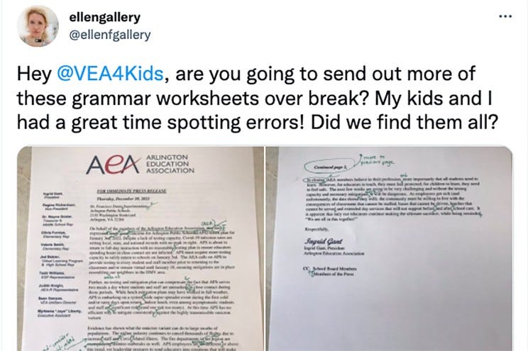 An Arlington parent called out a teachers union for mailing out a letter full of obvious grammatical errors on Twitter.