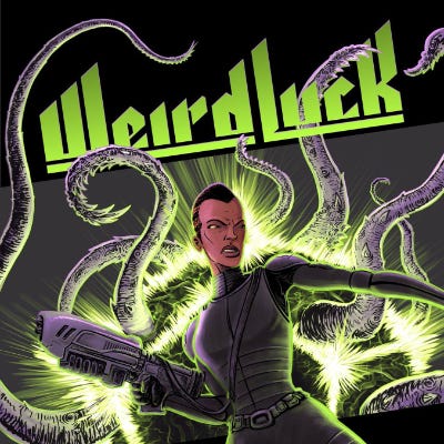 Cover image for the "Weird Luck" webcomic. The title is displayed over a picture of a woman with close-cropped hair in tight black armor, brandishing a fanciful gun, with tentacles bursting from the background behind her.