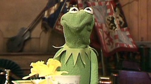 Kermit, who is also a Muppet, frowning with his mouth.