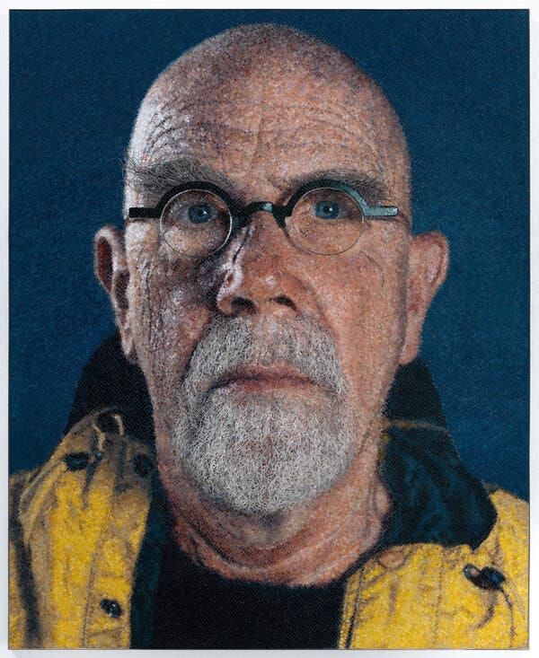 Chuck Close, &ldquo;Self-Portrait (Yellow Raincoat)/Micro Mosaic,&rdquo; 2019. The image also appears in the Second Avenue subway at 86th Street.