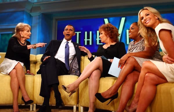 President Barack Obama with, from left, Ms. Walters, Joy Behar, Sherri Shepherd and Elisabeth Hasselbeck during a taping of “The View” in 2010. Ms. Walters helped create the show in 1997.