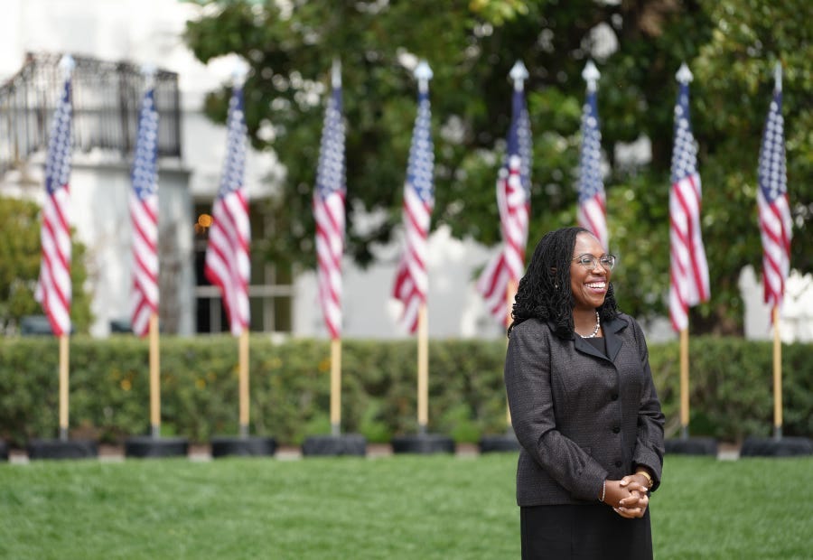 Apr 8, 2022; Washington, DC, USA; Judge Ketanji Brown Jackson after delivering remarks on the Senate’s confirmation of Judge Jackson to be an Associate Justice of the Supreme Court on the South Lawn of The White House. Mandatory Credit: Megan Smith-USA TODAY ORG XMIT: USAT-486771 ORIG FILE ID:  20220408_ajw_kx3_112.JPG